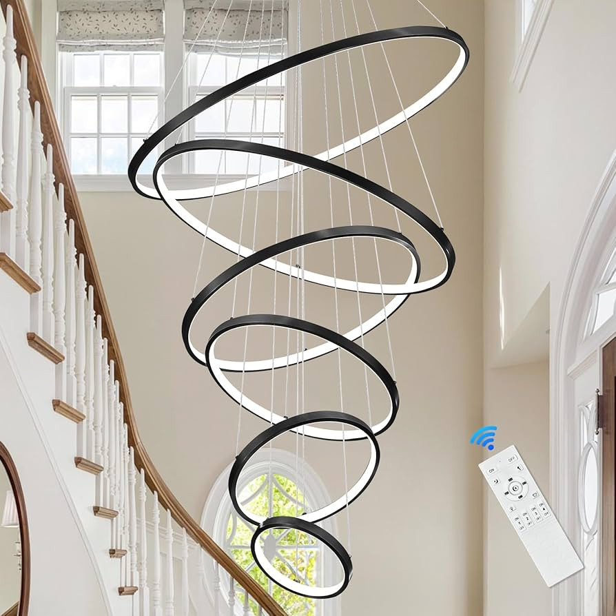 6 Rings Chandelier High Ceiling, Black Modern LED Chandeliers with Remote Control Large Foyer Cha... | Amazon (US)