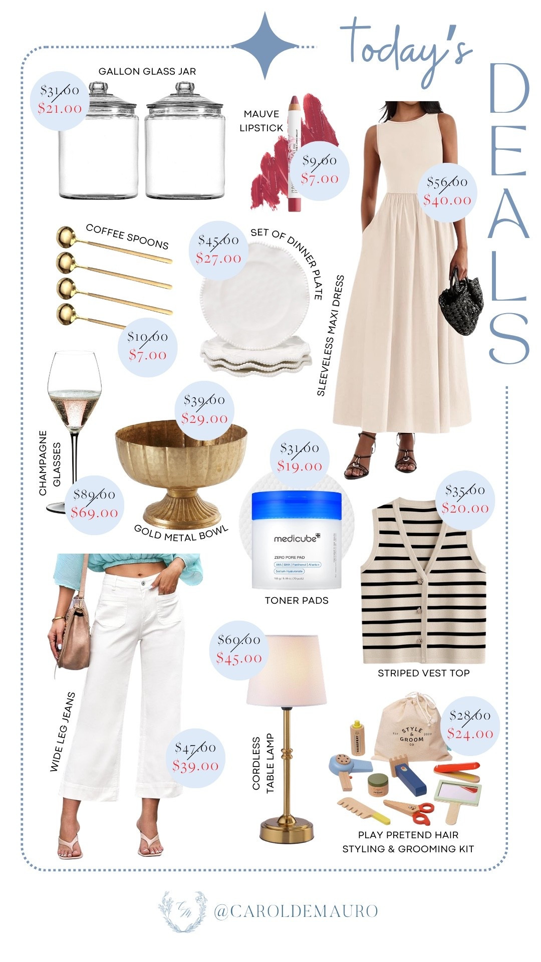 Be sure to pick up these fresh fashion and home finds! You’ll love this sleeveless maxi dress, wide-leg jeans, striped vest top, mauve lipstick, toner pads, gallon glass jar, coffee spoons, dinner plate set, cordless table lamp, and hair styling and grooming kit play set.

spring looks, elevated basics, skincare routine, kitchen must haves, hosting essentials, tableware, home decor, toddler toys

#LTKHome #LTKootd #LTKSaleAlert