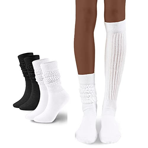 FLYDO Womens Slouch Sock Scrunch Socks Soft Long Boot Socks for Women Stacked High Sock 2 Pack Black&White | Amazon (US)