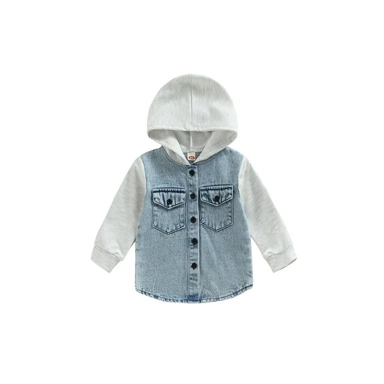 Bagilaanoe Toddler Baby Boy Hooded Jacket Denim Patchwork Long Sleeve Single-Breasted Shacket wit... | Walmart (US)