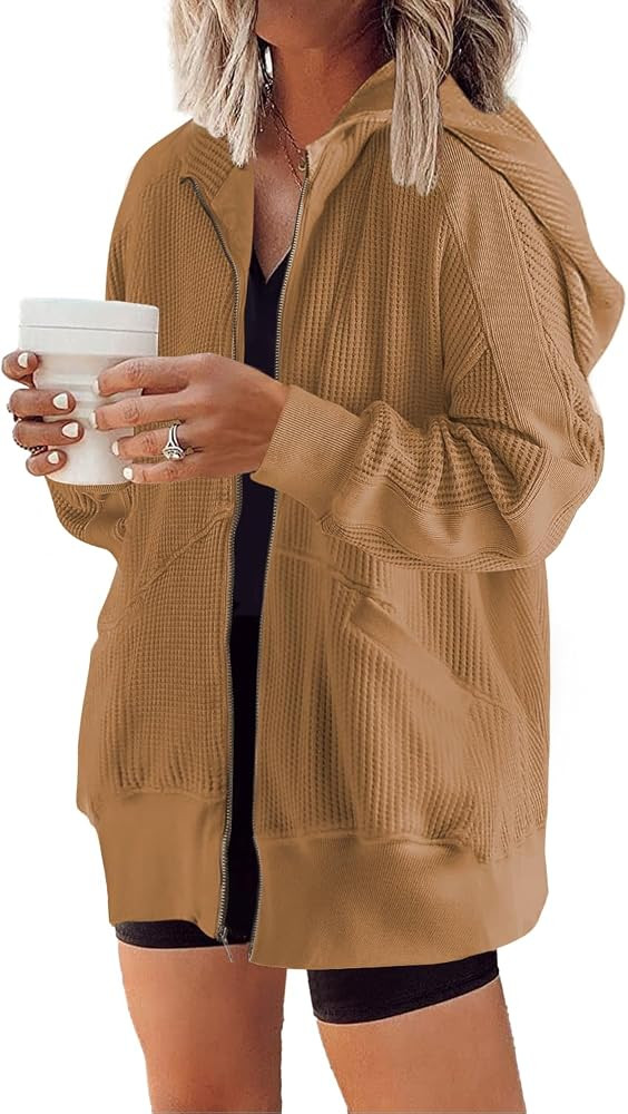 Yanekop Zip Up Hoodie Women Oversized Waffle Knit Shirt Fall Shackets 2025 Corduroy Jacket Fall O... | Amazon (US)