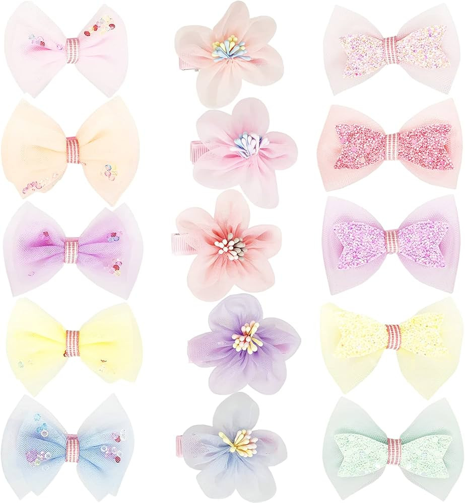 Tulle Glitter Hair Bows for Girls, BETITETO 15 Pieces Cute Handmade Flower Rhinestone Alligator H... | Amazon (US)