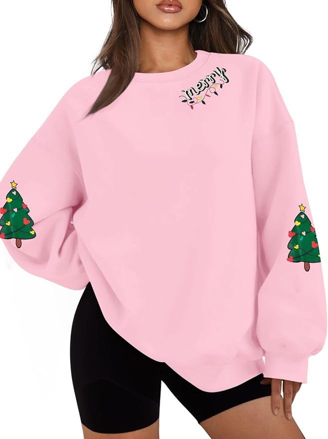 UNIQUEONE Christmas Sweatshirt Embroider Merry Sweater: Christmas Tree Graphic Pullover Holiday V... | Amazon (US)