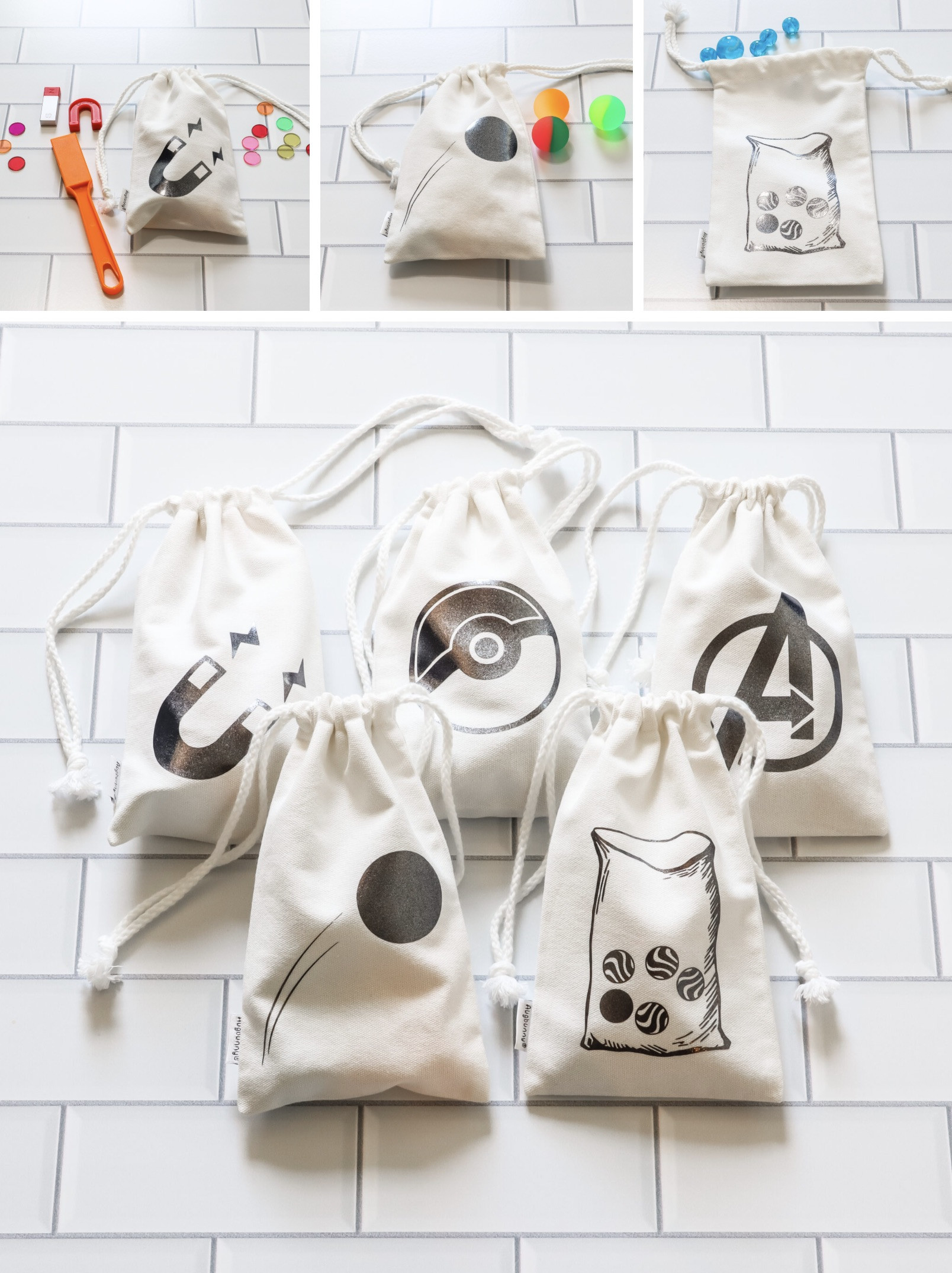 I use my Cricut to cut out some iron on vinyl with some designs. I created to help organize smaller toys in these cute little drawstring bags. Perfect for keeping a playroom organized and clean while still making things easily identifiable.


