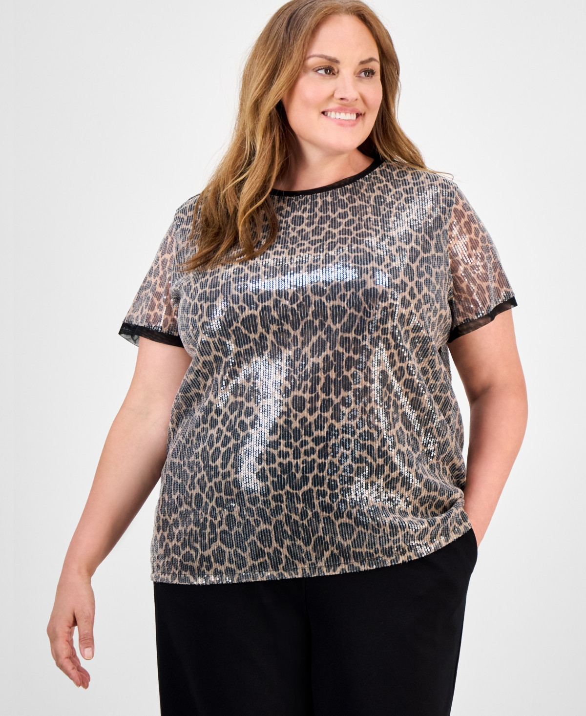Anne Klein Plus Size Animal-Print Sequin Top - Light Coffee Multi | Macy's