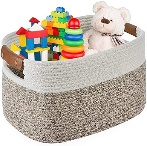 Amazon.com: Cotton Rope Basket, Decorative Woven Basket With Leather Handles, Rectangle Storage B... | Amazon (US)