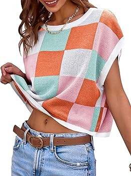 Saodimallsu Womens Cap Sleeve Crop Tops Summer Color Block Going Out Crew Neck Knit Trendy Casual... | Amazon (US)