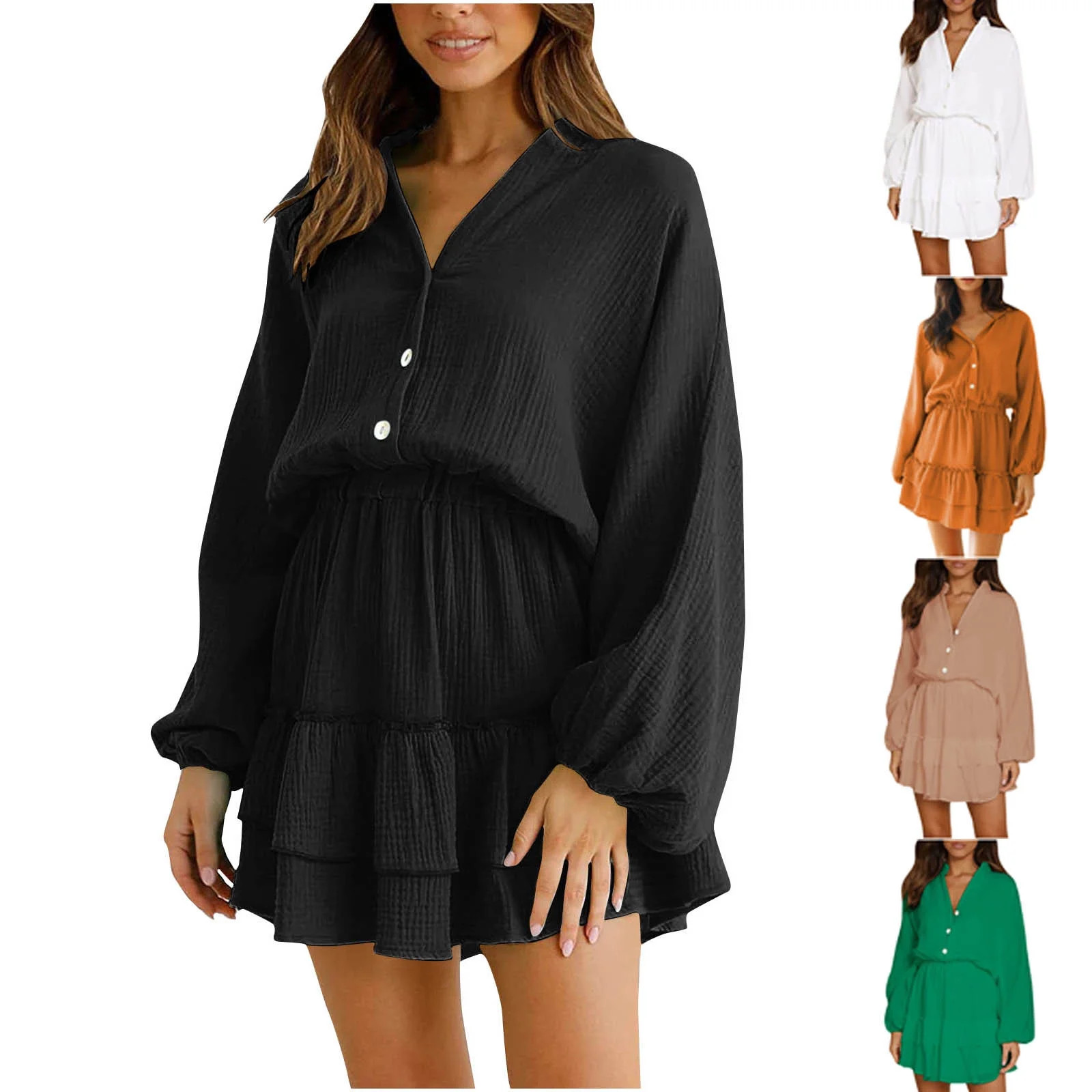 qolati Women's Mini Dresses 2023 Fall Lantern Sleeve V Neck Button Up A-Line Dress Fashion Layere... | Walmart (US)
