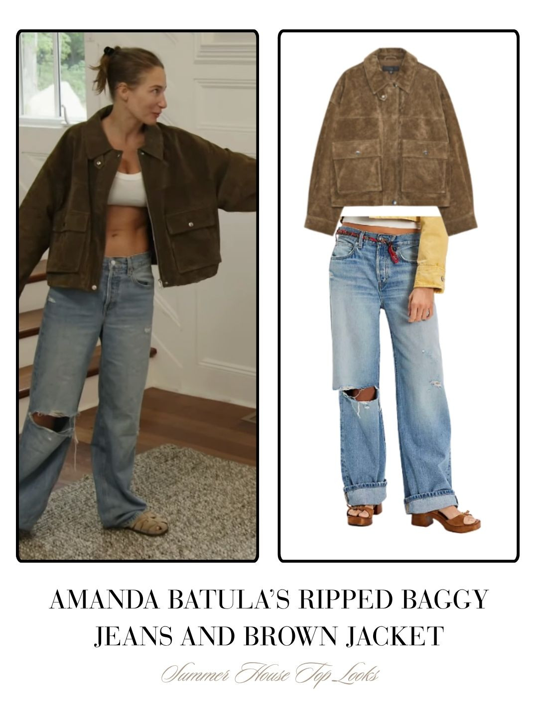 Amanda Batula's Baggy Ripped Jeans and Brown Leather Jacket on the Summer House Season 10 Finale 

 