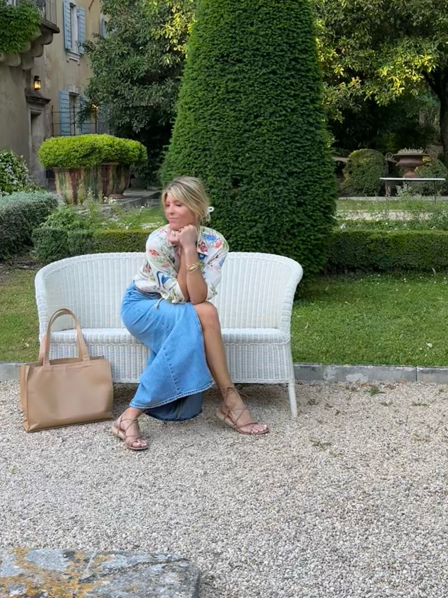 ✨🌸⛲️✨🪻✨ Love pairing some thing as effortless as a long denim skirt and dressing it up with a floral satin blouse (zara)  + wrap sandal = elevated casual 

#LTKFindsUnder50 #LTKOver40 #LTKStyleTip