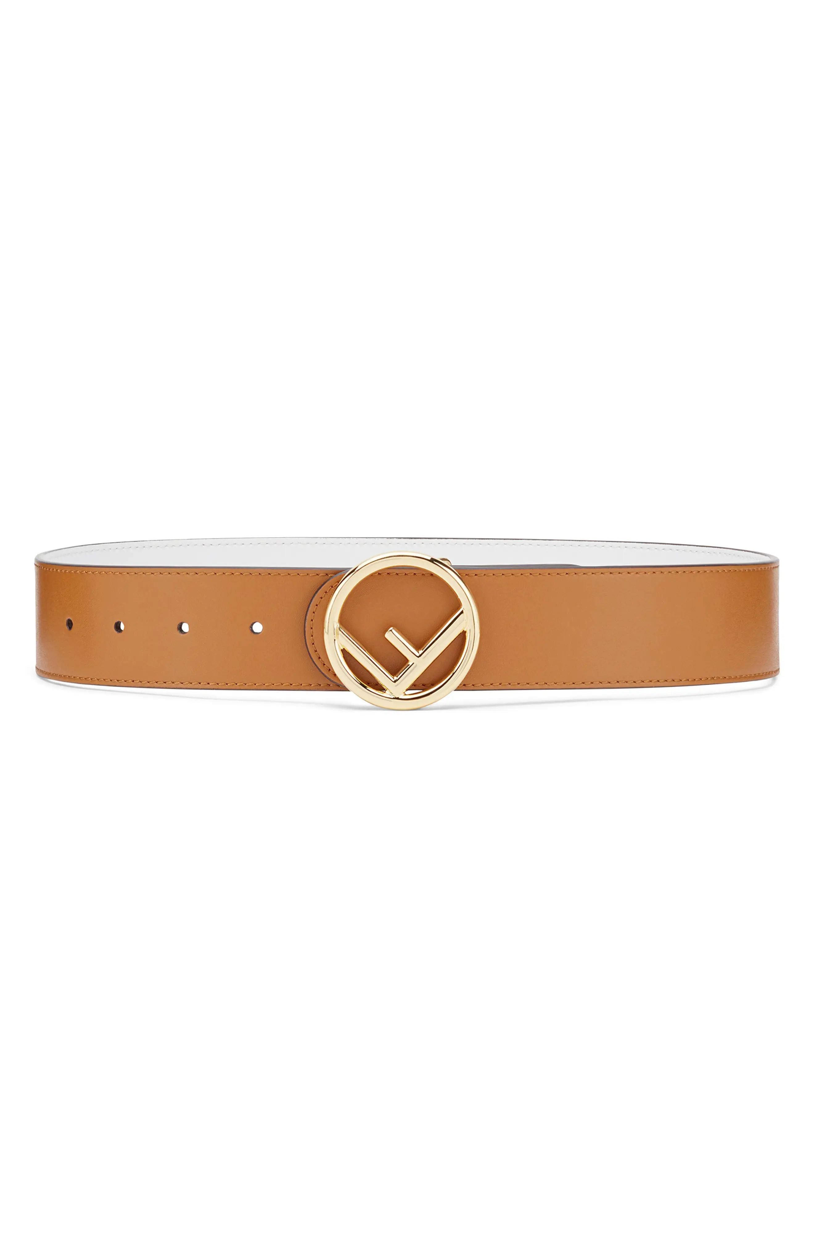 Women's Fendi Logo Buckle Leather Belt, Size 75 - Tan/ White | Nordstrom