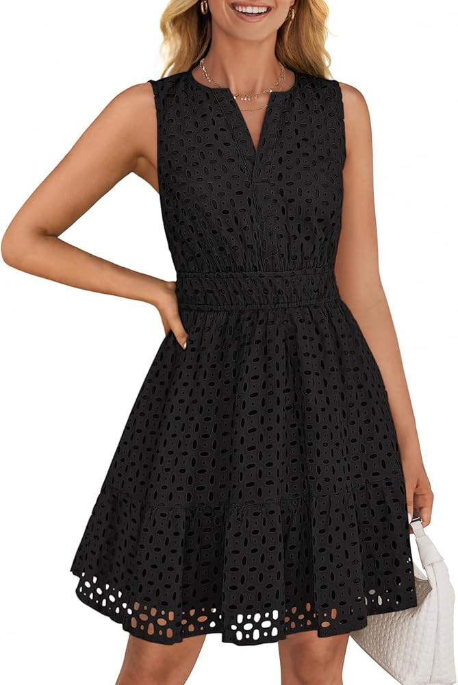 ZESICA Women's Summer Sleeveless Mini Dress V Neck Hollow Out Eyelet High Waist A Line Swing Shor... | Amazon (US)