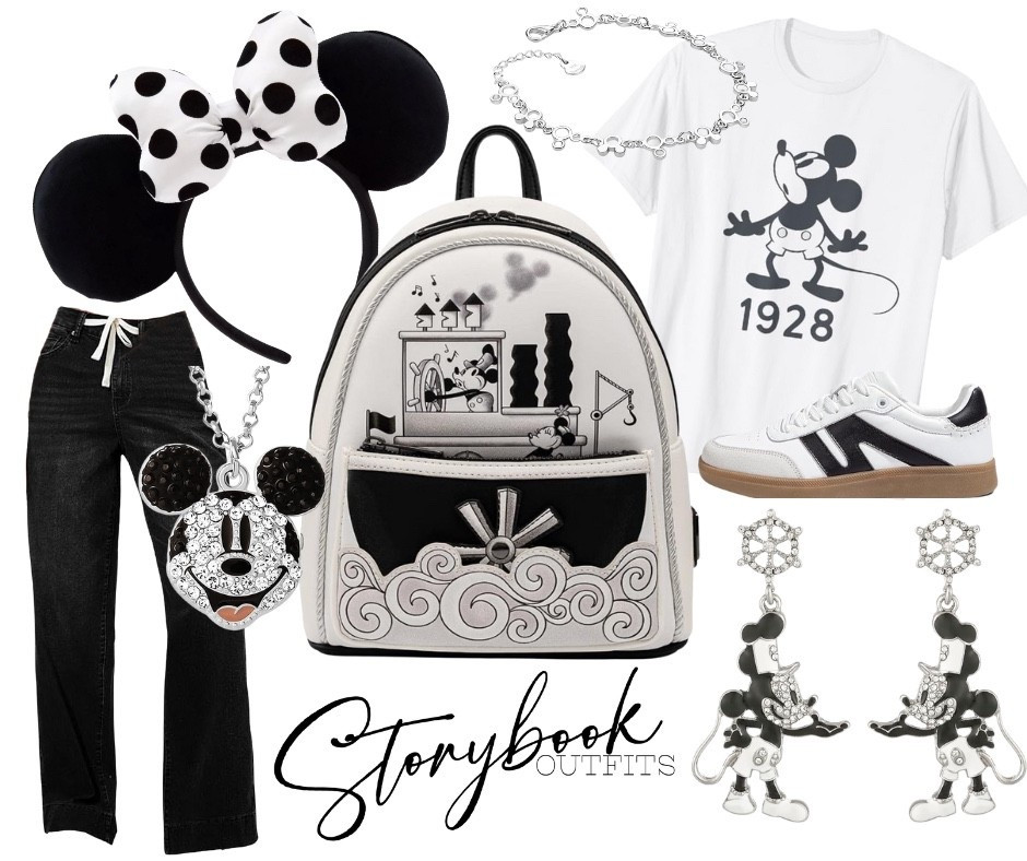 Whistling your way into classic Disney style!
This Steamboat Willie look is a total throwback to where the magic began — timeless, bold, and oh-so-Mickey!
The Loungefly backpack captures that vintage cartoon charm perfectly.
Black-and-white details, from the polka dot bow ears to the retro tee, keep it classic.
Add comfy sneakers and sparkle with Mickey jewelry — because even old-school Disney deserves a little glam!
Perfect for park days, or anyone who loves that original Mickey magic!
