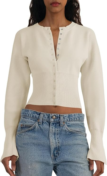 Saodimallsu Womens Cropped Sweaters Button Down Long Sleeve V Neck Ribbed Knit Slim Fit Pullover ... | Amazon (US)