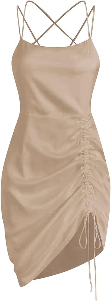 ZAFUL Women's Sexy Satin Party Club Spaghetti Strap Cowl Neck Mini Dress Slip Cinched Cami Dress | Amazon (US)