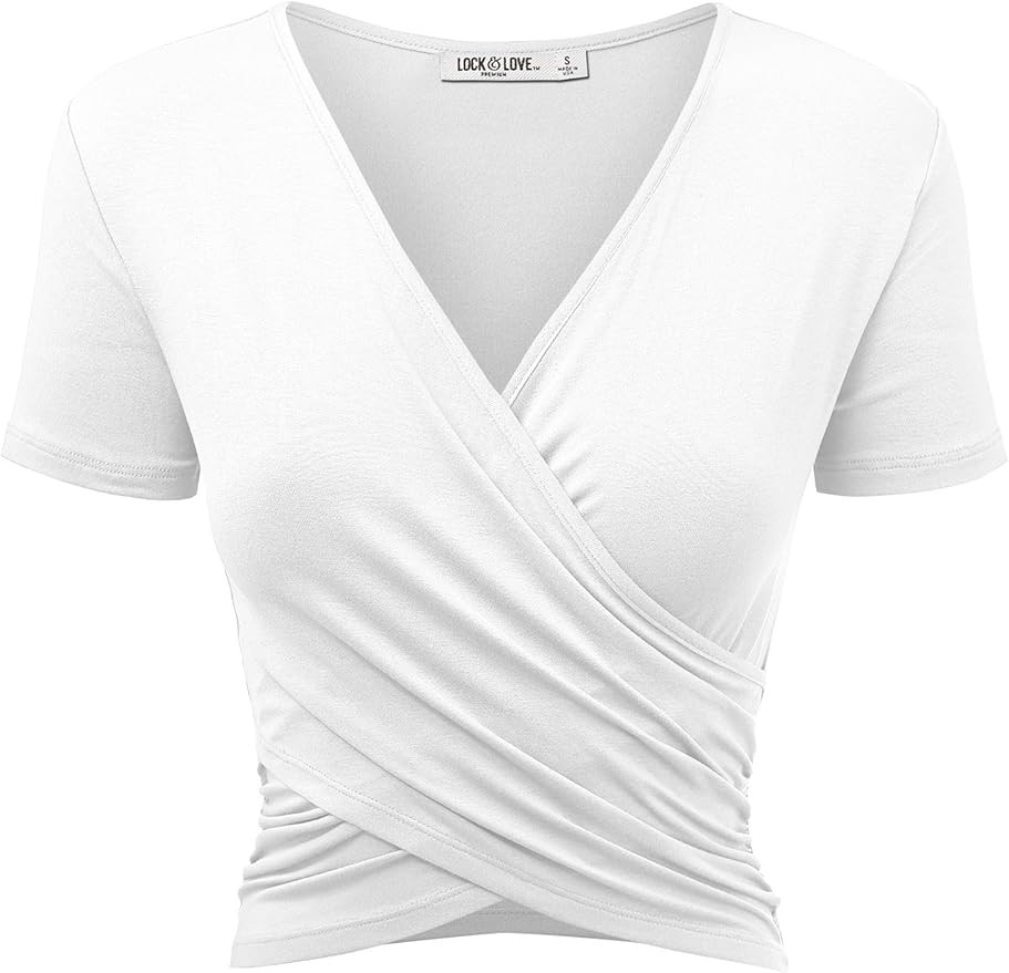 Lock and Love Women's Premium Short/Long Sleeve Deep V Neck Slim fit Cross Wrap Crop top Shirt-Ma... | Amazon (US)