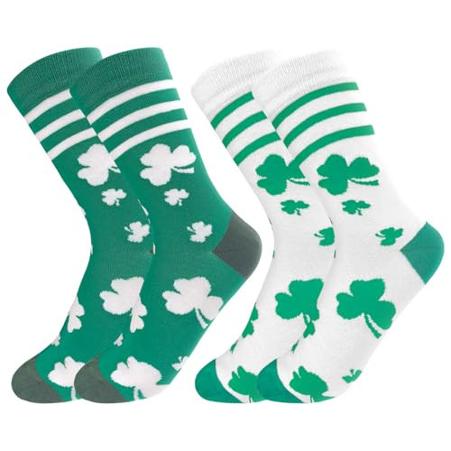 Domkier 2 Pairs St Patricks Day Socks for Women Shamrock Socks Novelty White Green Shamrock Stripe Irish Crew Dress Socks Gift | Amazon (US)