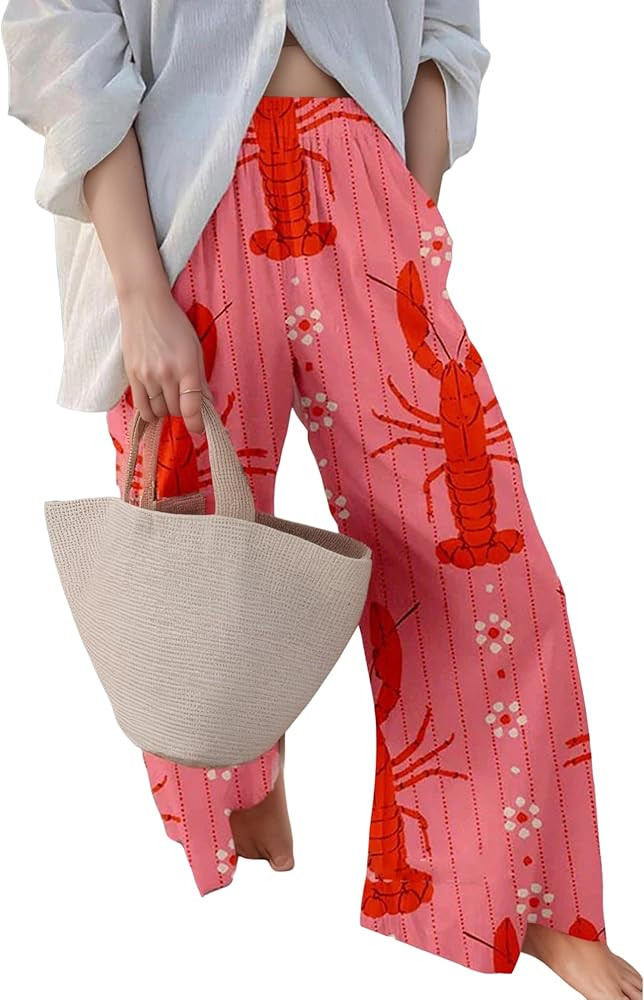 Women's Sardine Graphic Palazzo Pants Elastic Wide Leg High Waisted Beach Vacation Long Trousers ... | Amazon (US)