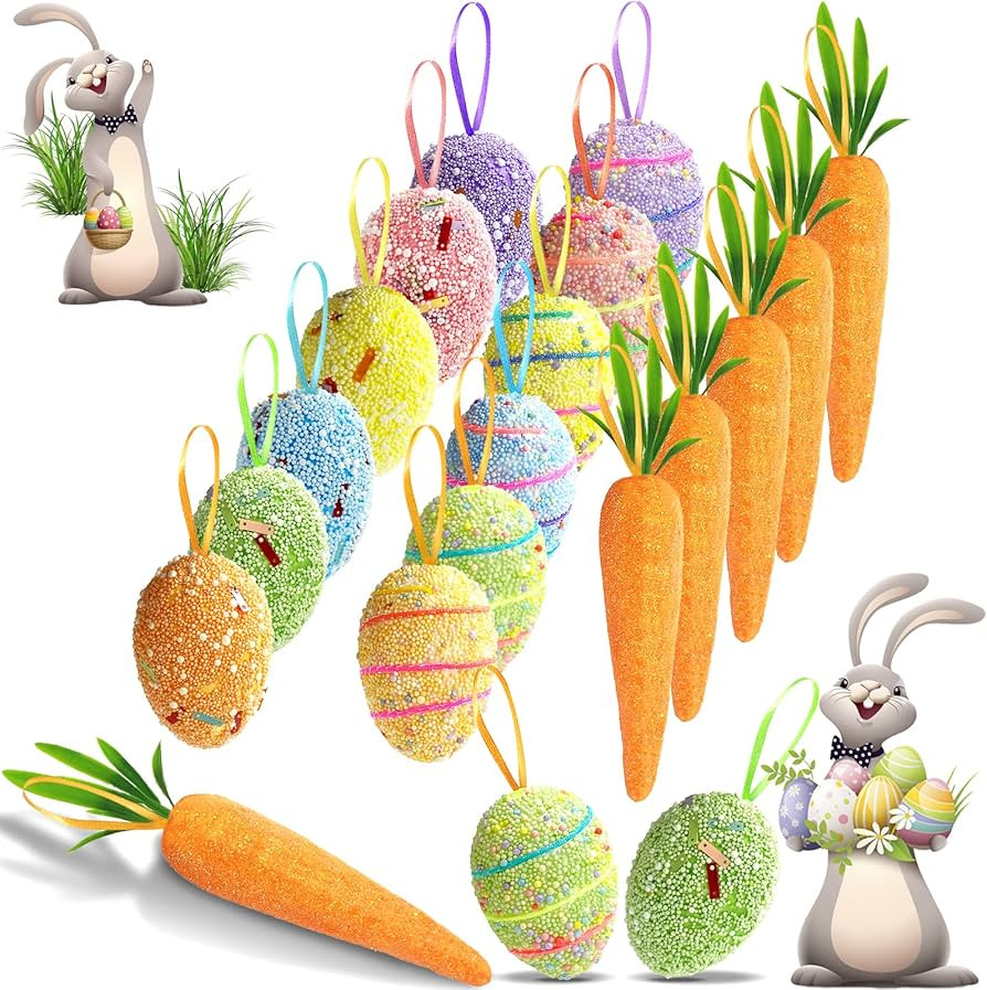 18PCS Easter Egg Ornaments and Carrot Hanging Ornaments Colorful Foam Easter Hanging Egg Ornament... | Amazon (US)