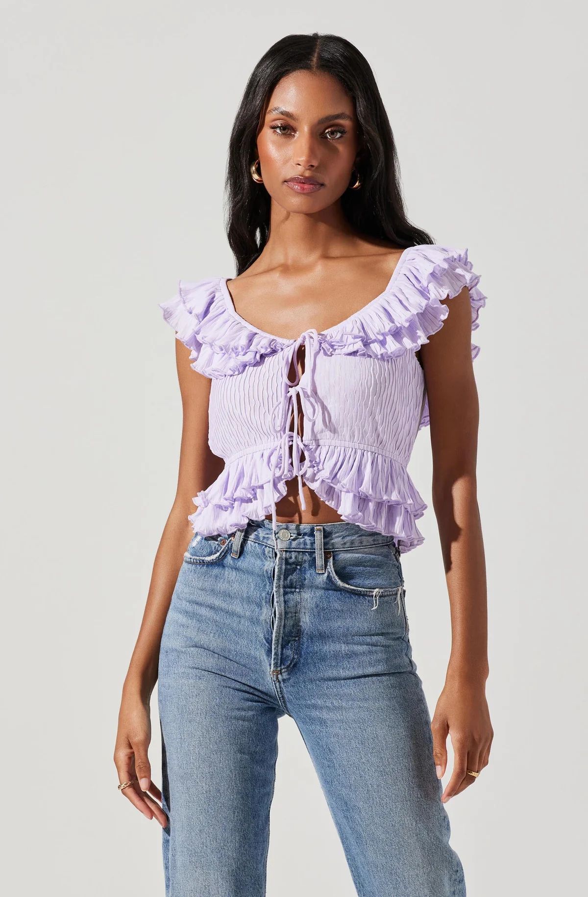 Tiered Ruffle Sleeve Tie Front Top | ASTR The Label (US)