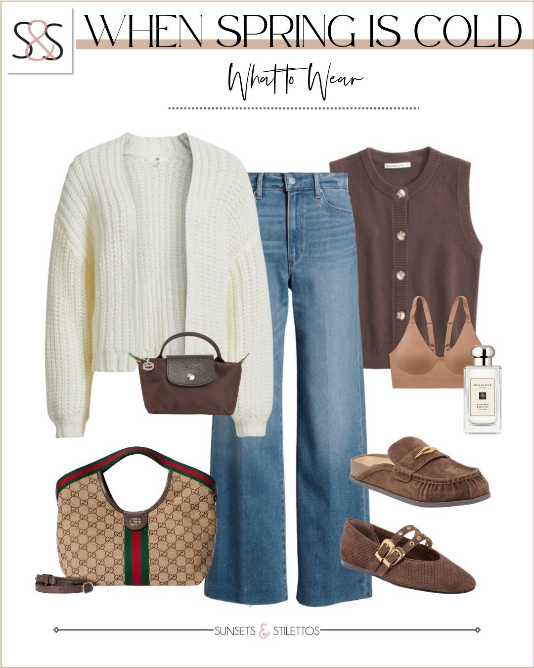 Cold spring days are all about smart layers. A chunky cardigan over denim with rich brown accessories keeps it cozy but still seasonally appropriate.

what to wear in cold spring, spring layering outfit, chunky cardigan outfit, wide leg jeans outfit, brown sweater vest, neutral spring style, suede loafers, casual chic spring look

#LTKSpringSale #LTKOver40 #LTKspring