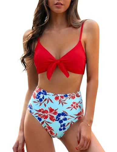 Blooming Jelly Womens High Waisted Bikini Set Floral Print Bathing Suit Tie Knot Two Piece Swimsuit (Small, Red) | Amazon (US)