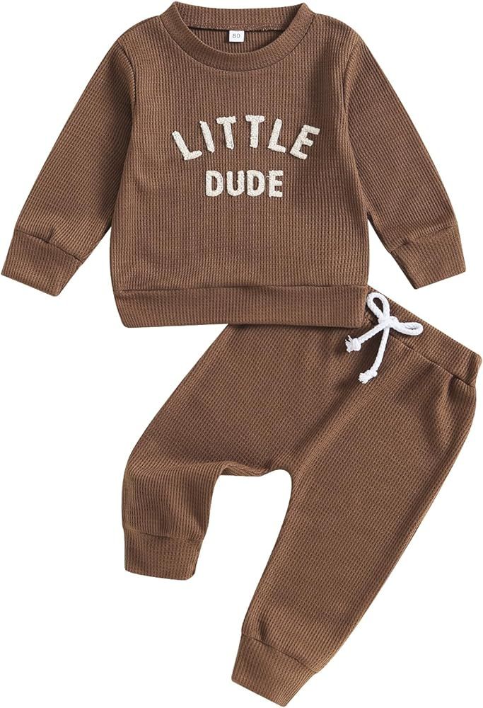 Toddler Baby Boy Clothes Long Sleeve Waffle Little Dude Crewneck Sweatshirt Casual Pants 2Pcs Fall W | Amazon (US)
