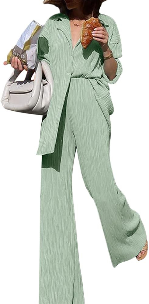 ECHOINE Womens Casual 2 Piece outfits - Long Sleeve Button Blouse Top Wide Leg Loose Streetwear L... | Amazon (US)