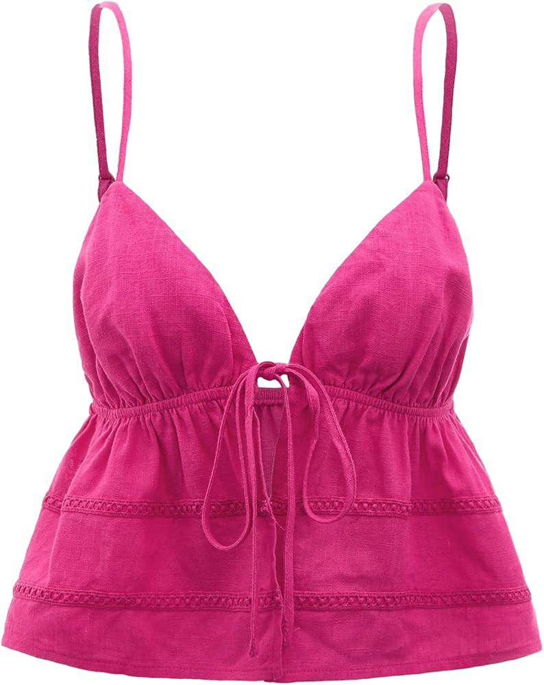 Verdusa Women's Peplum Crop Top Tie Front V Neck Spaghetti Strap Flared Cami Top | Amazon (US)