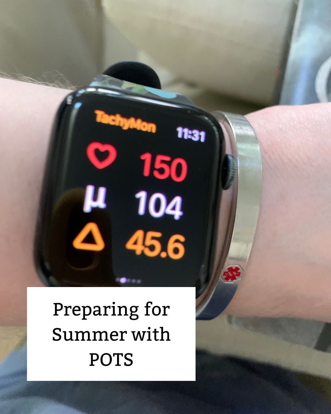 PREPARING FOR SUMMER WITH POTS⁣
⁣
Summer is right around the corner. Here are somethings I'm doing now to make it easier. ⁣
⁣
1️⃣ Finding my many fans and making sure they're charged⁣
2️⃣ Increasing my sodium intake ⁣
3️⃣ Making sure I have plenty of @cure, my preferred electrolyte supplement⁣
4️⃣ Getting back into the habit of using Tachymon, the app I use on my watch as pictured here. I have it set to notify me not only when my heart rate gets high, but also when it has changed by a fair amount. Here, it shows my heart rate is 150 and the change from my recent average (104) is 45.6. With POTS, the problem isn't only an increase, but a quick increase. ⁣
⁣
What are you doing to prepare for summer with POTS? ⁣
⁣
⬛⁣⁣⁣⁣⁣
⁣
I’m Kate, a chronic illness patient and advocate sharing what my life is like with 10+ chronic illnesses. Follow me for more and check out my blog at katethealmostgreat.com⁣⁣⁣⁣⁣⁣⁣⁣⁣⁣⁣⁣⁣.⁣⁣⁣⁣⁣⁣⁣⁣⁣⁣⁣⁣
⁣
⬛⁣⁣⁣
⁣
ID: An Apple watch showing a heart rate of 150, recent average of 104, and change from that average of 45.6. A white text box reads "Preparing for Summer with POTS". ⁣
⁣
#ChronicallyIll #PosturalOrthostaticTachycardiaSyndrome #Dysautonomia #POTS #SpoonieLife