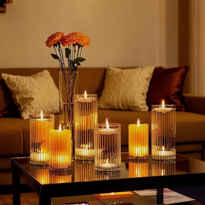 yshengood 6 Pcs Glass Hurricane Candle Holder Ribbed Glass Candle Holder - Elegant & Easy to Use,... | Amazon (US)