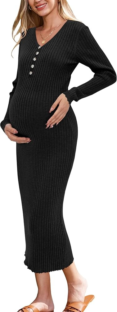OUGES Women's Wool Blend 2024 Fall Maternity Sweater Dress V Neck Long Sleeve Slim Fit Ribbed Kni... | Amazon (US)