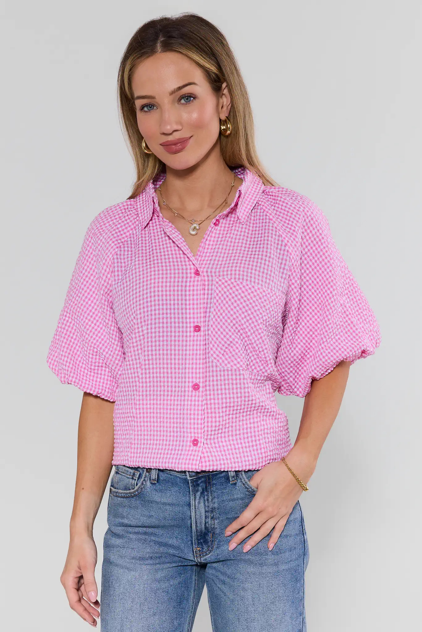 Ashton Pink Gingham Short Sleeve Top | Avara