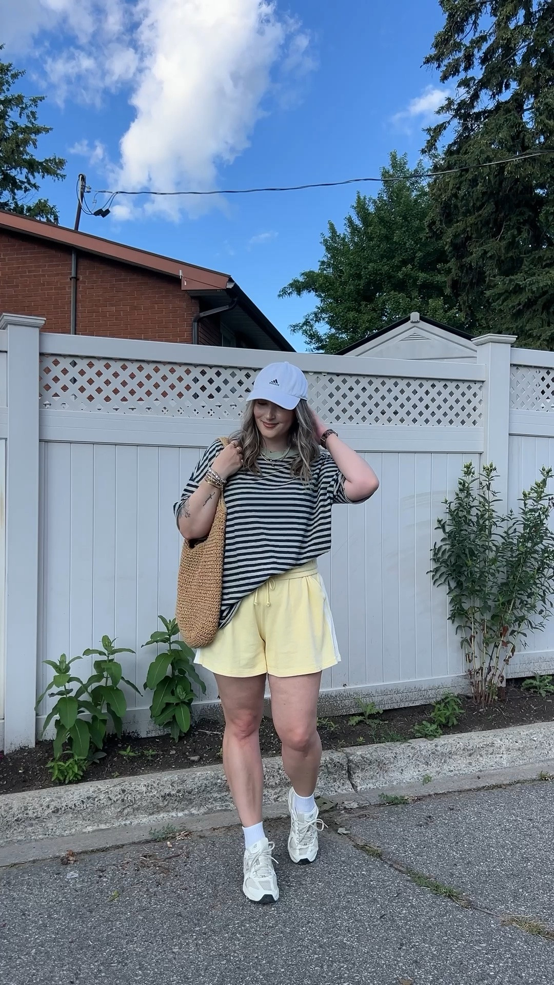 Comfy summer outfit for a walk! Wearing my usual size L in the striped tee. Linked similar butter yellow sweat shorts. I’m a 9.5-10 shoe and wear a 9 in the new balance sneakers (so comfy for walking!)

#LTKsummer #LTKsale #LTKmidsize