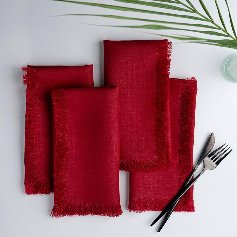 D'Moksha Homes Red Linen Napkins 20 x 20 Inch - 100% Pure Linen Fringe Cloth Napkins Set of 4 - W... | Amazon (US)