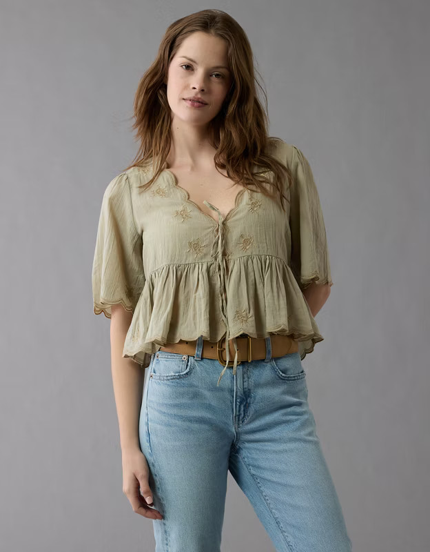AE Embroidered Tie Front V-Neck Blouse | American Eagle Outfitters (US & CA)