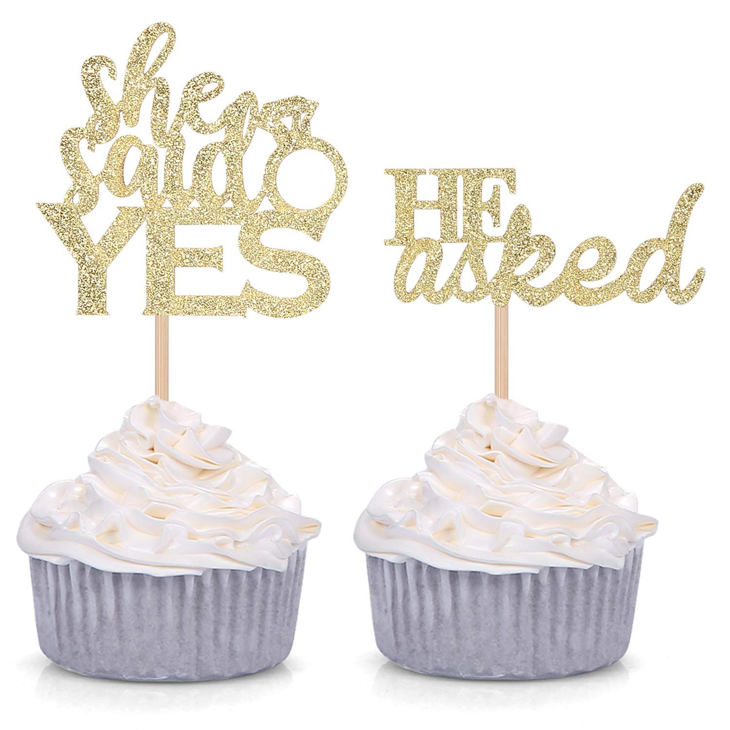 Set of 24 Gold Glitter He Asked/She Said Yes Cupcake Toppers for Wedding/Bridal Shower Decoration... | Amazon (US)