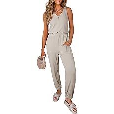 Dokotoo Jumpsuit for Womens Dressy Casual Button V Neck One Piece Long Romper Elastic Waist Sleev... | Amazon (US)