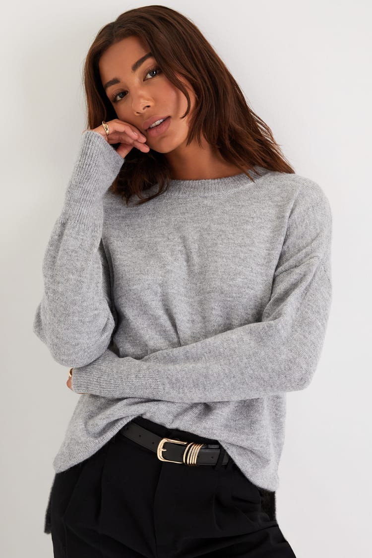 Autumn Allure Heather Grey Crew Neck Oversized Pullover Sweater | Lulus