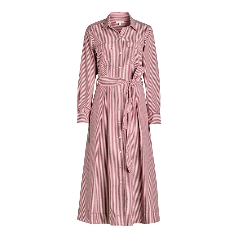 Free Assembly Women's Long Sleeve Belted Maxi Shirt Dress | Walmart (US)