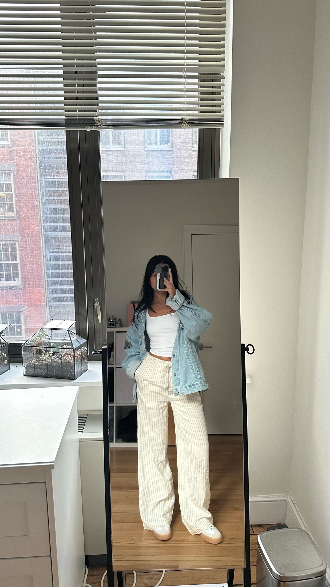 casual summer outfit | striped cotton pants, white t shirt, denim jacket 

#LTKSeasonal #LTKStyleTip