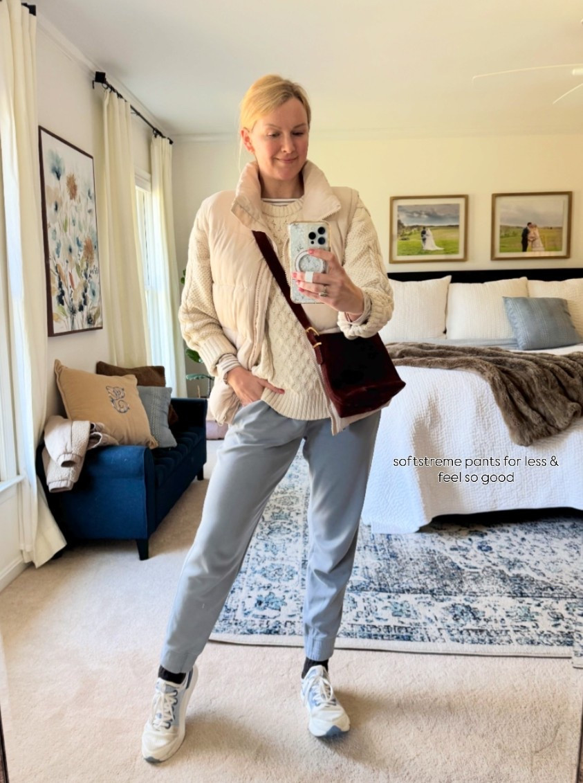 Casual comfy weekend outfit idea - spring layers with vest and cable knit sweater 

Jogger pants are super soft Softstreme modal material - like lulu - but an Amazon find for less!

#LTKdayinmylife #LTKSeasonal #LTKmomlife