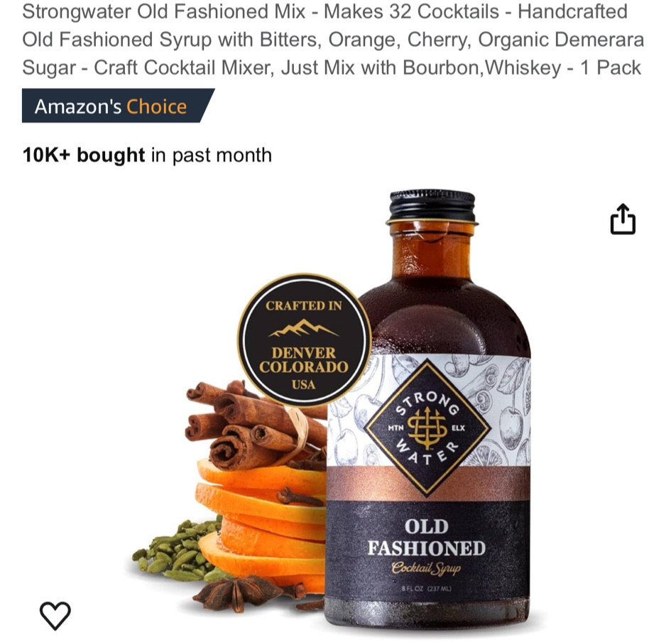 Strongwater Old Fashioned Mix - Makes 32 Cocktails - Handcrafted Old Fashioned Syrup with Bitters, Orange, Cherry, Organic Demerara Sugar - Craft Cocktail Mixer, Just Mix with Bourbon,Whiskey - 1 Pack
