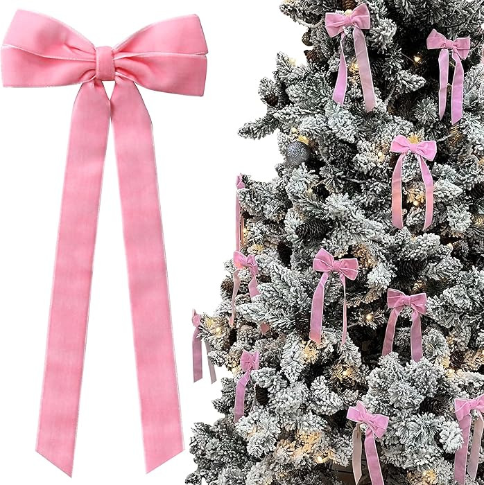 12Pcs Pink Velvet Bows Christmas Tree Decorations,5in x 10in Xmas Ornaments for Tree Home Coquett... | Amazon (US)