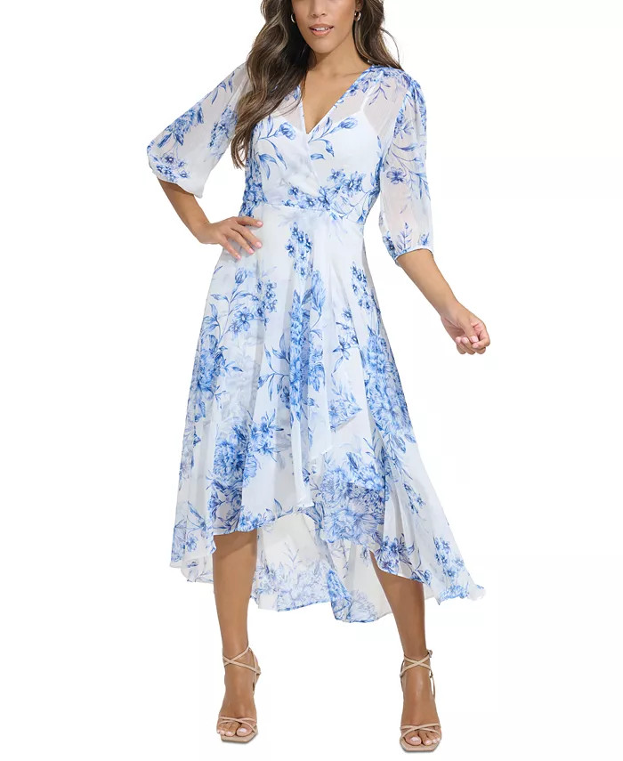 Calvin Klein Women's 3/4 Sleeve Faux-Wrap Dress - Macy's | Macy's