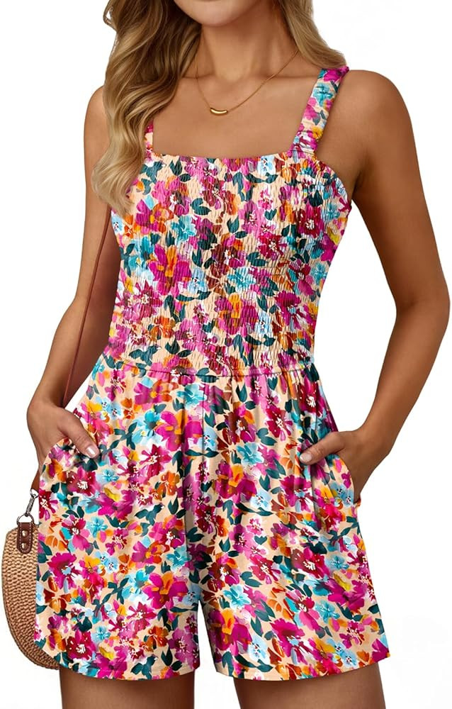 AUTOMET Rompers for Women Summer Vacation Beach Outfits Casual Loose Square Neck Shorts Jumpsuits... | Amazon (US)