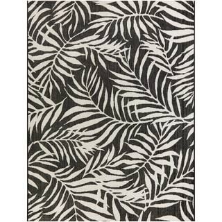Hampton Bay Tropical Palm Leaves Black 9 ft. x 12 ft. Indoor/Outdoor Area Rug 3004170 | The Home Depot