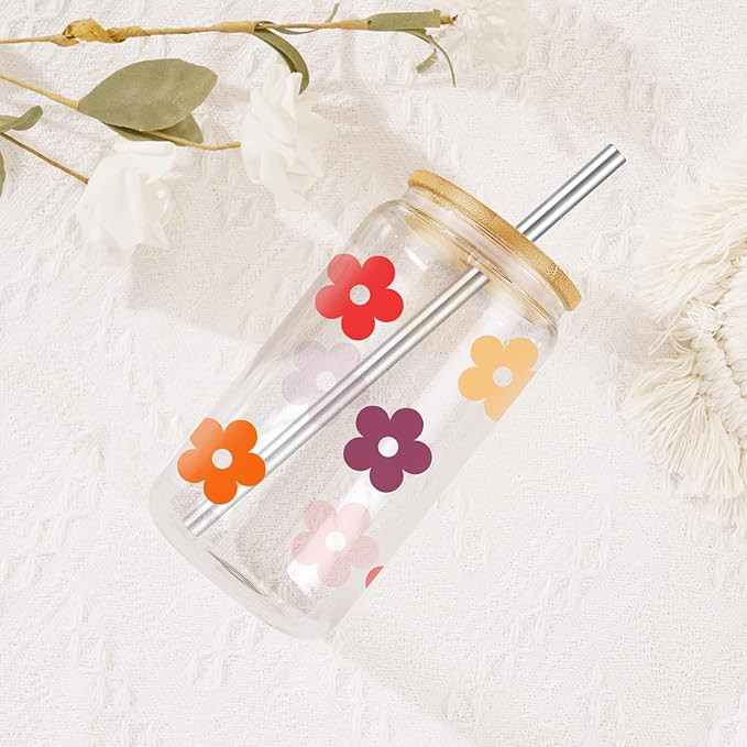 Coolife Retro Daisy Glass Cup, 16oz Can Shaped Drinking Glass w/Bamboo Lid Straw - Beer Can Glass... | Amazon (US)