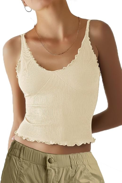 CHYRII Womens 3 Pack Ruffled V Neck Cropped Tops Workout Basic Ribbed Camisole Tank Tops | Amazon (US)