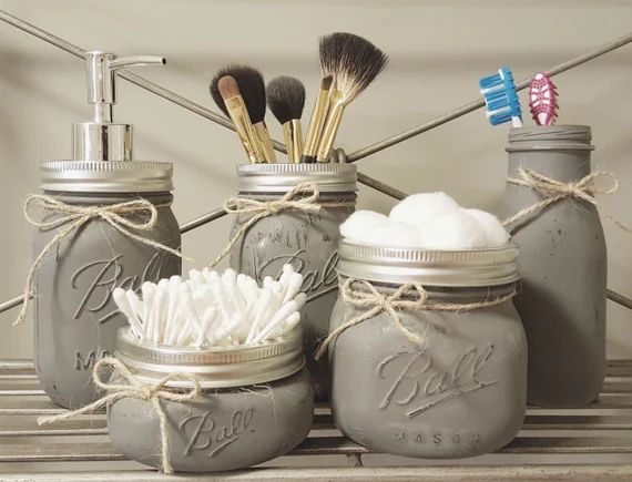 Farmhouse Bathroom Set Mason Jar Bathroom Storage Bathroom | Etsy | Etsy (US)